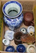 A Chinese brush pot and mixed oriental ceramics