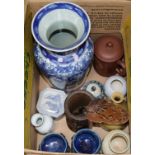 A Chinese brush pot and mixed oriental ceramics