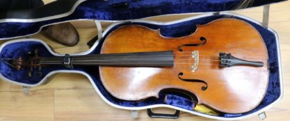 A cased cello and unsigned bow L.123cm