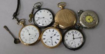 Six assorted pocket watches including silver and gold plated.