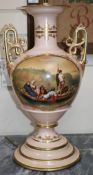 A Continental porcelain two-handled vase table lamp, decorated with a 19th century boating scene,