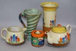 Clarice Cliff, jam pot, three crocus pattern and a vase Tallest 22cm