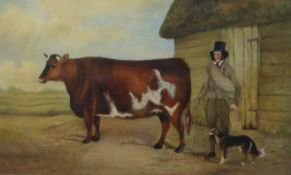 H.G. Gower, oil on canvas, Naive study of a farmer, bull and dog, signed and dated 1861, 25 x 40cm.