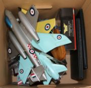 Three 1:72 scale resin models of aircraft, each on stand and a quantity of other aircraft models,