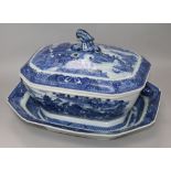 A Chinese blue and white large tureen, cover and a similar dish, Qian Lung period