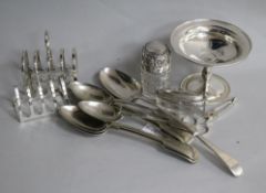 Mixed silver and other items including tazze, 18th century silver basting spoon, scent bottle, two