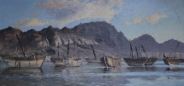 A* S* Alagily (20th century), oil on board, ships off Aden, signed and dated '66, 39 x 80cm