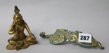 A Chinese gilt bronze figure, 9.5cm and a belt hook Mount 18cm