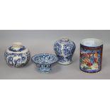 A Chinese famille rose mug, 18th century and three blue and white vessels Mug H.13cm