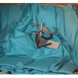 A pair of modern turquoise fabric double-lined curtains, each gathered width 140cm, drop 248cm and a