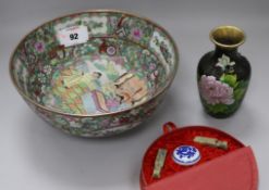 A Cantonese bowl, a boxed seal set and a cloisonne vase