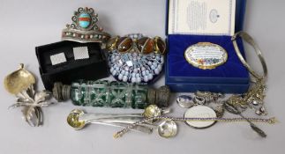 Mixed collectables including paperweight, scent bottle, silver condiment spoons, silver pendant