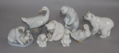 6 Lladro white glazed bears and 2 ducks (8) Tallest 13cm