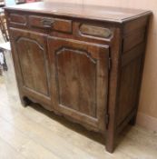 A 19th century French oak and fruitwood side cabinet W.134cm