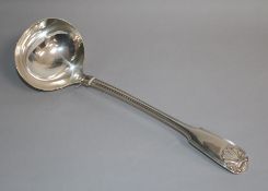 An Edwardian silver fiddle, thread and shell pattern soup ladle, Walker & Hall, Sheffield, 1909,