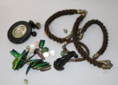 An antique plaited hair necklace and bracelet and other items including scarabs and pendant.