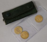 Three gold half sovereigns, 1915, VF, 1914, VF and 1856 worn.