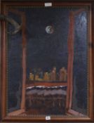 Style of Ruskin Spear, oil on canvas, 'City at night from my window', bears signature, 81 x 60cm.