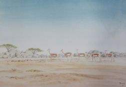 Two watercolours; town scene and gazelles