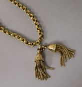 A 9ct gold fancy link necklace with two tassel drops, 37.5cm.