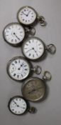 Six assorted silver fob watches.