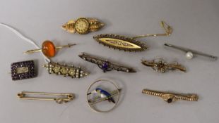 Eleven assorted late Victorian and later bar brooches etc. including three 15ct gold and diamond