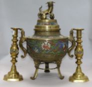 A Japanese champleve enamel and brass koro and a pair of brass candlesticks H.46ins