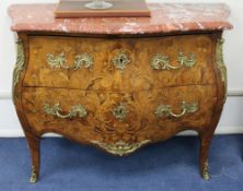 A serpentine marquetry commode with marble top W.122cm