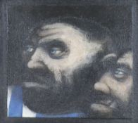 Peter Kennelly, oil on board, 'Two Heads', Jill George Gallery label verso, 18 x 16.5cm.