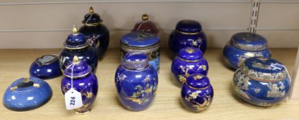 Ten Carlton Ware blue chinoiserie-decorated jars, including tobacco, two similar ashtrays and