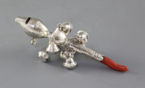 A George III silver child's rattle with coral teether, by Peter & Ann Bateman, hung with eight