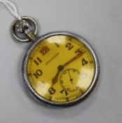 A Jaeger Le Coultre chrome cased military pocket watch, case back with broad arrow over G.S.T.P.