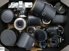 A group of 15SLR camera lenses, a Nikon EM camera etc