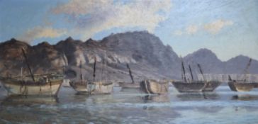 A* S* Alagily (20th century), oil on board, ships off Aden, signed and dated '66, 39 x 80cm