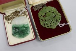 Two carved and pierced jade pendants, one on 9ct gold pierced box-link chain, both decorated with