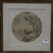 19th Chinese School, watercolour on silk, cockerel in a landscape, tondo, 25cm