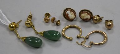 A pair of jade and 18ct gold drop earrings, three pairs of 9ct gold earrings and an 18ct gold pair