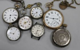 Five assorted fob watches including silver, a gold plated pocket watch and a Tissot wrist watch.