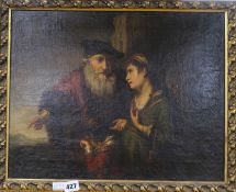 19th century English School, oil on canvas, bearded man with impoverished mother and child, 36 x