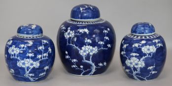 A Chinese prunus-decorated blue and white ginger jar and cover and a similar matching pair (3)