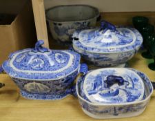 Four Victorian or earlier blue and white porcelain tureens and three covers height 19cm - 24cm