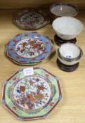 Four Chinese clobbered plates and three assorted bowls plates diameter 22cm bowls diameter 9cm -