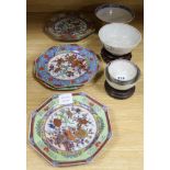 Four Chinese clobbered plates and three assorted bowls plates diameter 22cm bowls diameter 9cm -