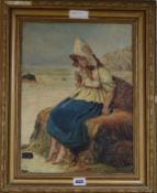L N Harding, oil on canvas, fishergirl on the beach, signed and dated 1885-6 40 x 30cm.