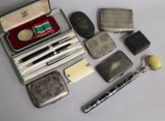 Mixed items including three silver cigarette cases, a Parker pen and pencil and Women's Voluntary