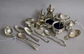 Two silver three-piece condiment sets with blue glass liners and sundry small silver, including a