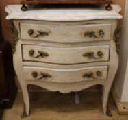 A Louis XV style white painted marble top commode W.86cm