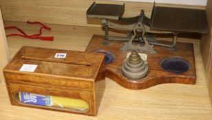 An inlaid wood stationery box and a set of scales box width 25.5cm height 13cm scales width 38cm