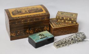 A Tunbridge Ware box with Eridge Castle cover containing two inkwells and sundry items including two