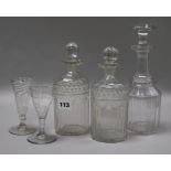 Two George III glass bottles, a Victorian decanter and two glasses